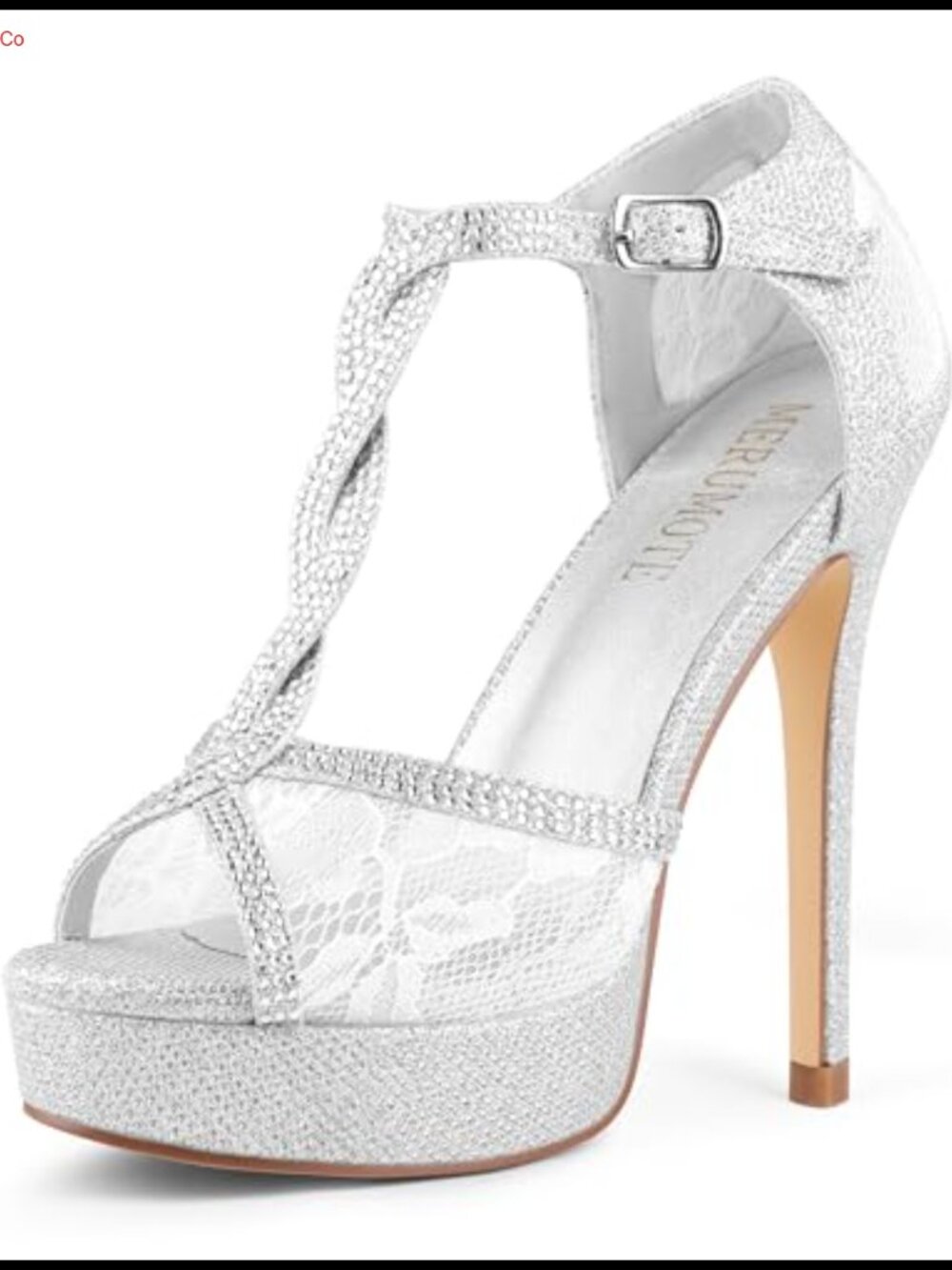 MERUMOTE Platform Stiletto Heels Peep Toe Rhinestone Lace Ankle Strap Sandals